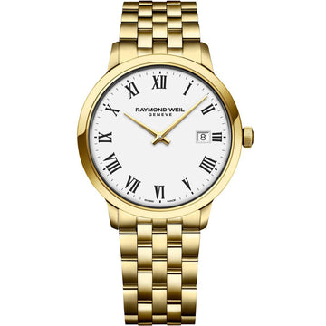 Raymond Weil Toccata Herenhorloge 39mm met goudkleurige roestvrijstalen band en witte wijzerplaat met Romeinse cijfers. Swiss Made elegantie voor heren.