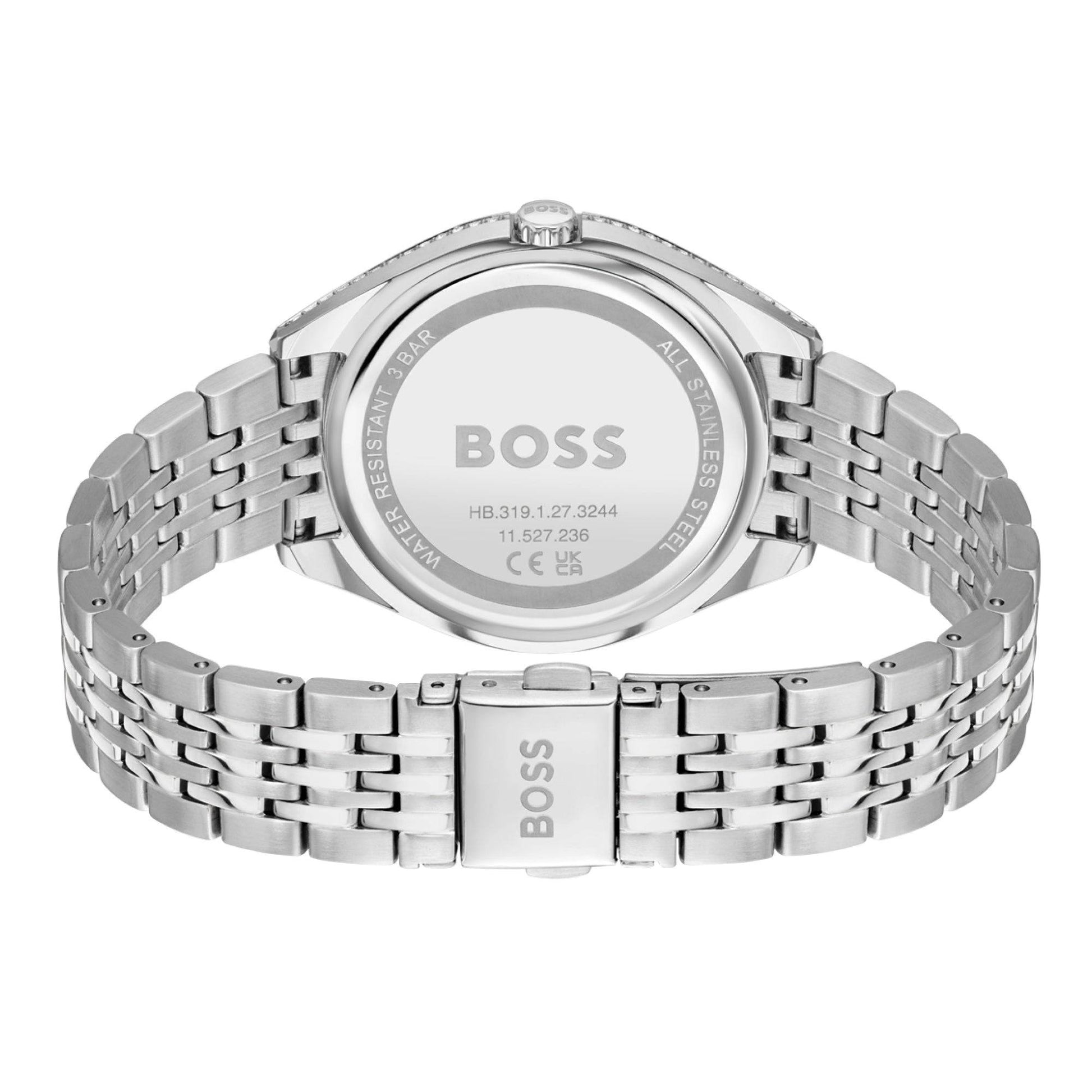 Hugo Boss horloge 38mm dameshorloge staal met roestvrijstalen schakelband en gegraveerde achterzijde. Waterbestendig tot 10 bar.