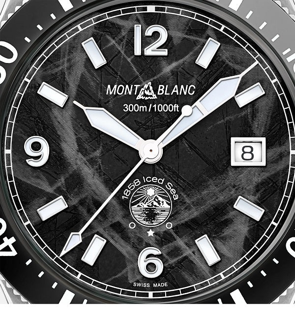 Montblanc 1858 Iced Sea Automatic Date ref: 129371 Herenhorloge 41mm met zwarte ijzige wijzerplaat, datumvenster en luminescerende wijzers. Luxe Zwitsers duikhorloge voor heren.
