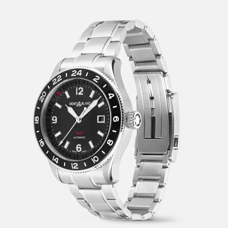 Montblanc 1858 GMT Automatic ref: 129615 Herenhorloge 42mm met zwarte wijzerplaat en roestvrijstalen band, Swiss Made precisie voor heren.