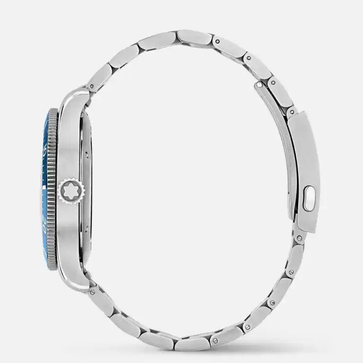 Montblanc 1858 Iced Sea Automatic Date ref: 129369 herenhorloge 41mm met roestvrijstalen kast en band, zijaanzicht. Luxe Zwitsers duikhorloge.