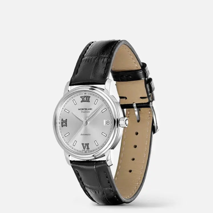 Montblanc Tradition Automatic ref: 128689 Date Dameshorloge 32mm met zilverkleurige wijzerplaat en zwarte lederen band. Elegant Swiss Made dameshorloge.