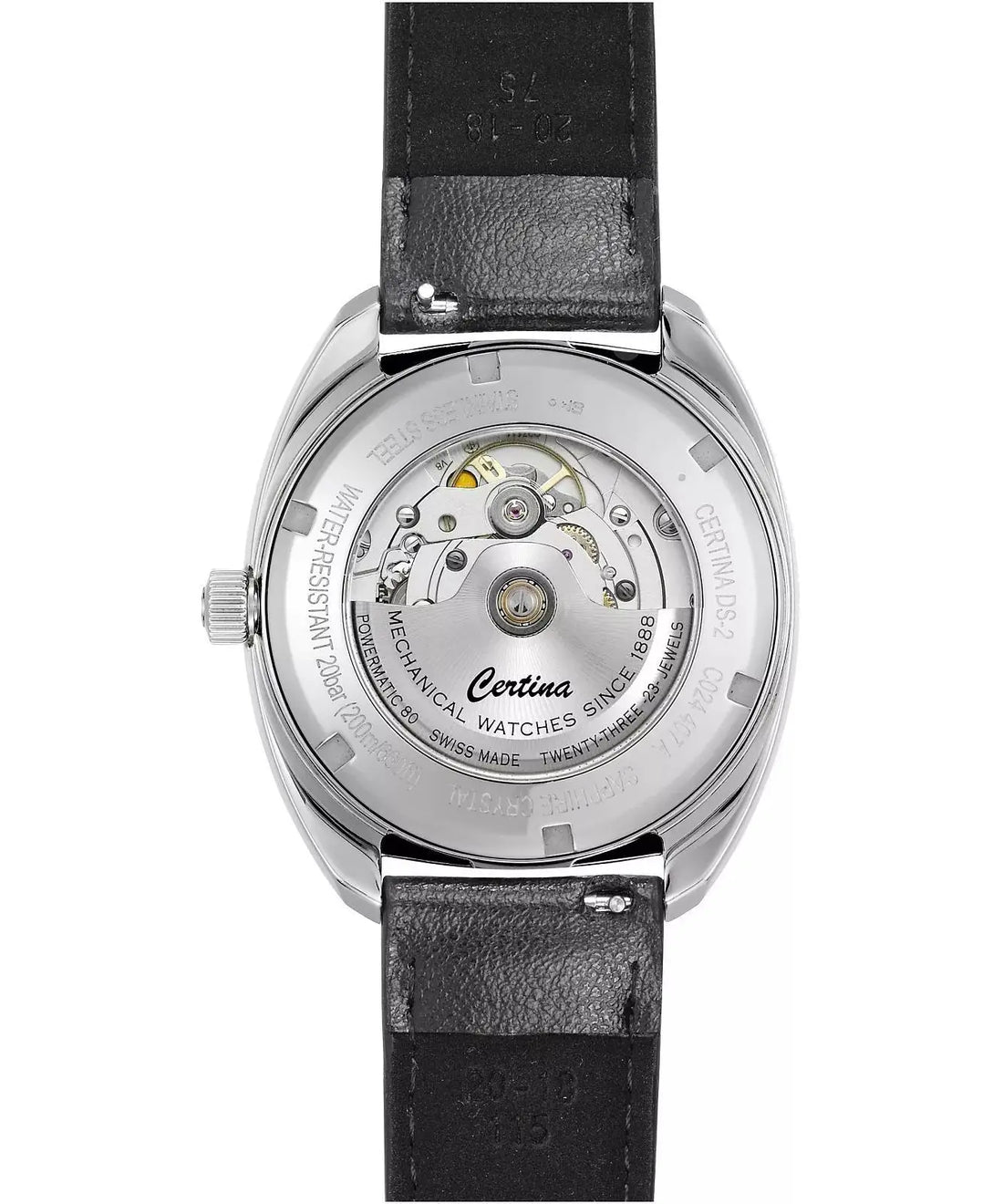 Certina DS-2 Powermatic 80 Herenhorloge 40mm met bordeauxrode wijzerplaat en zwart lederen band. Swiss Made automatisch horloge voor heren.