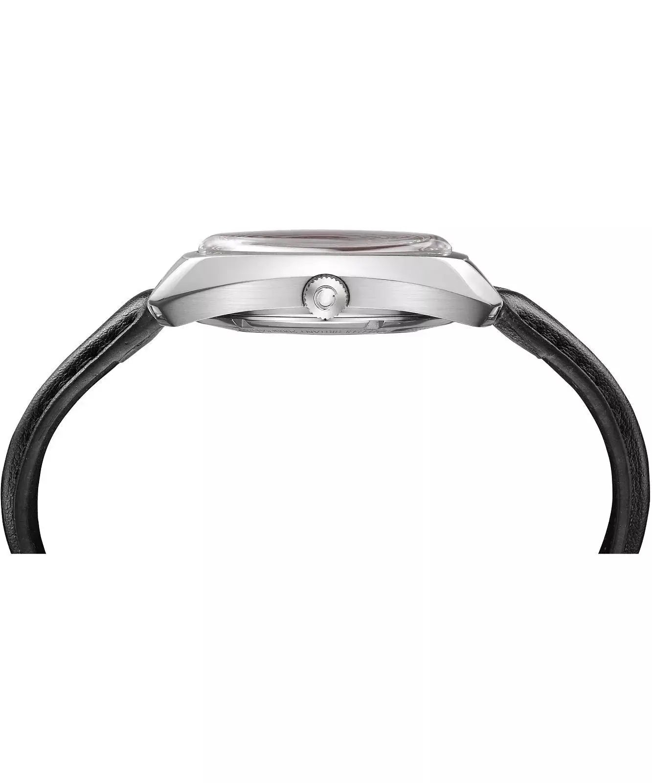 Zijaanzicht van de Certina DS-2 Powermatic 80 Herenhorloge 40mm met roestvrijstalen kast en zwarte lederen band. Slank profiel voor elegant dagelijks gebruik.