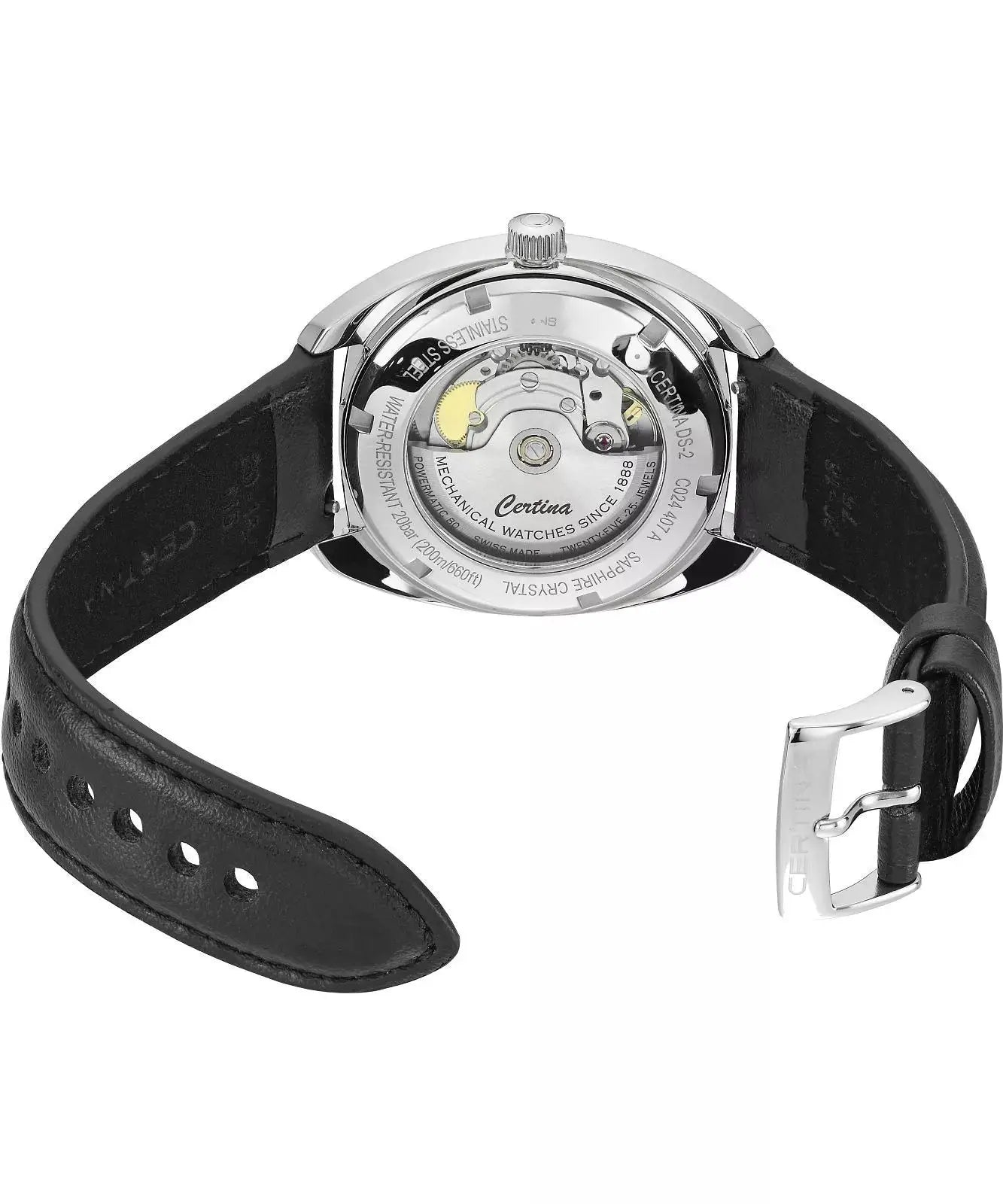 Achteraanzicht van de Certina DS-2 Powermatic 80 Herenhorloge 40mm met zichtbare automatische uurwerkmechaniek en zwarte lederen band.